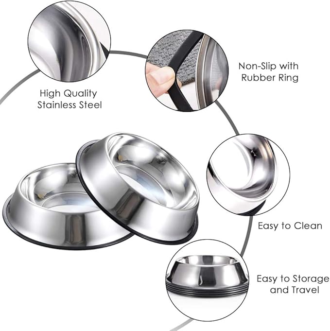 Stainless Steel Dog Bowls, 1.5 Cup/12oz Cat Bowl Water and Food with Rubber Base, Pet Bowls for Small Dogs, Cats, Puppy, Rabbit and Kitten, 3Pack