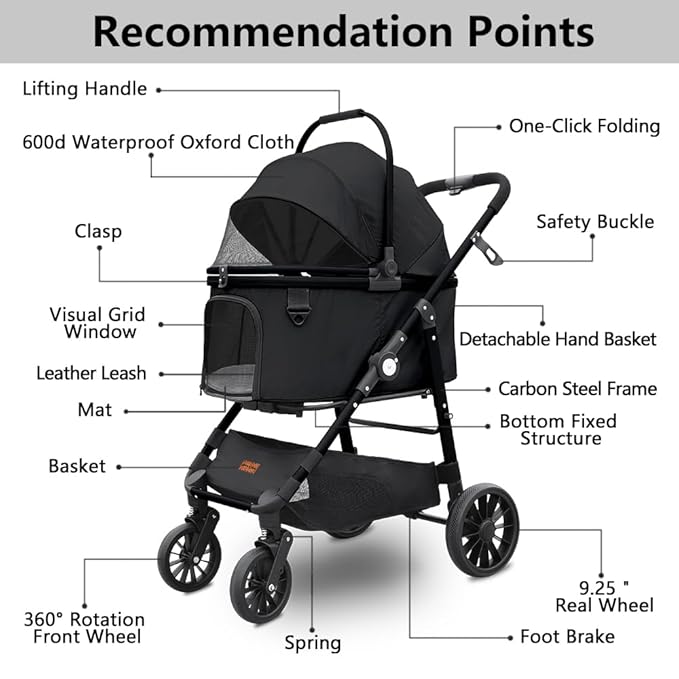 Dog Cat Stroller, Foldable 4 Wheels Dog Stroller for Small Medium Dogs 20 lbs,Pet Strollers for Large Dogs 50lbs, Stable Anti-Shock Detachble Carrier,with 360°Swiveling Front Wheel forTravel
