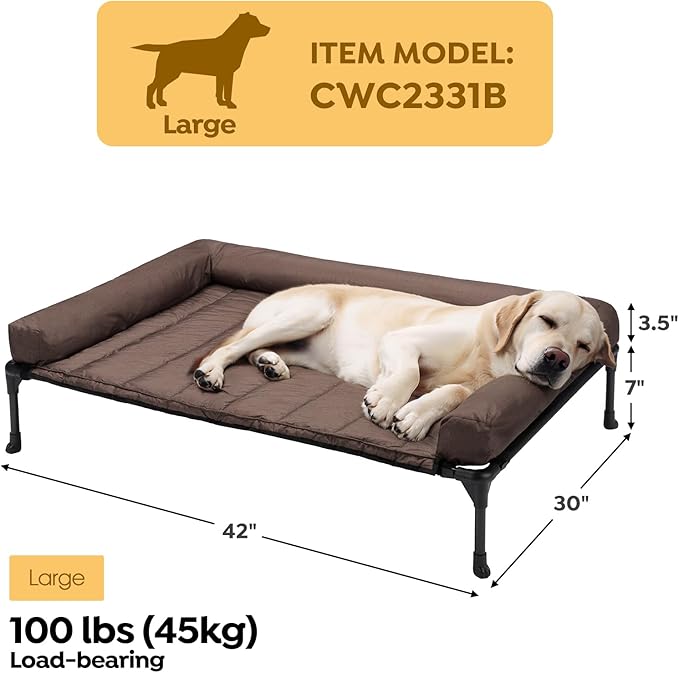 Veehoo Cooling Elevated Dog Bed Add Removable Waterproof Bolster Cushion Mat, Raised Pet Cot with Breathable Teslin Mesh, No-Slip Feet, Dog Couch Bed for Indoor Outdoor, Large, Brown CWC2331B