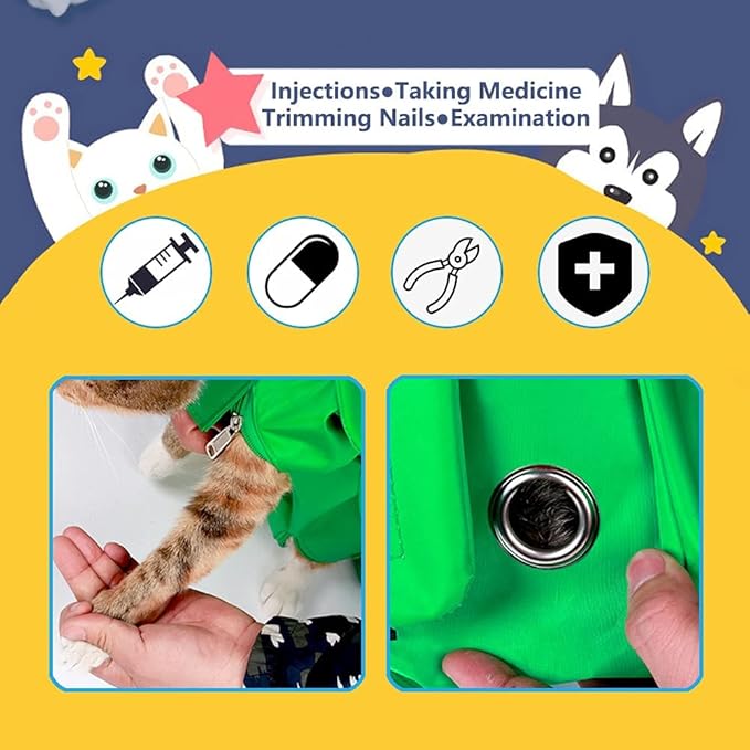 Kukaster Pet Cat’s Restraint Bag for Claw Care Nail Trimming Anti-Scratching Grooming Bag for Cats Medical Examination(Green-s)