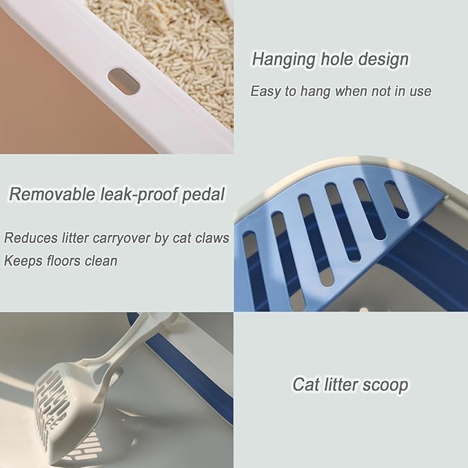 Collapsible Kitten Litter Box, 17.7 x 13.4 x 5 inch Open Cat Potty Pan with Scoop Foldable Shallow Cat Toilet Anti-Splashing Low Entrance Travel Litter Box with Falling Sand Pedal Grey