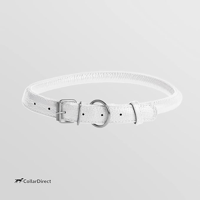 CollarDirect Rolled Leather Dog Collar, Soft Padded Round Puppy Collar, Handmade Genuine Leather Collar Dog Small Large Cat Collars 13 Colors (18-22 Inch, White Textured)