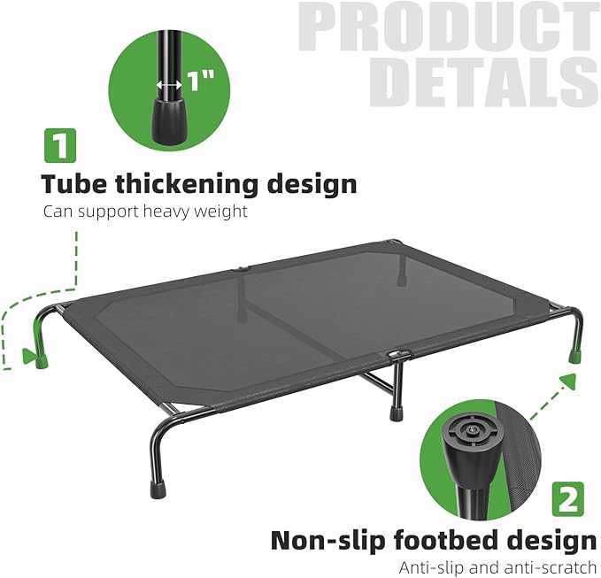 Simple Trending Raised Dog Bed for Extra Large Dogs, Waterproof XL Dog Cot, Outdoor Elevated Pet Bed, 60.25" x 37.25", Black