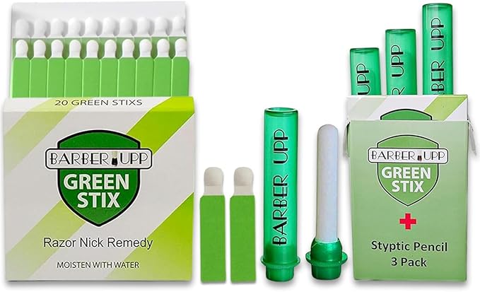 Green Stix + Styptic Pencil Set - 3 Pencils + 20 Aluminum Sulfate Sticks to Block & Stop Bleeding Fast from Razor Shaving Nicks & Minor Cuts - Anti-Bleed Shaving Accessory Men & Women