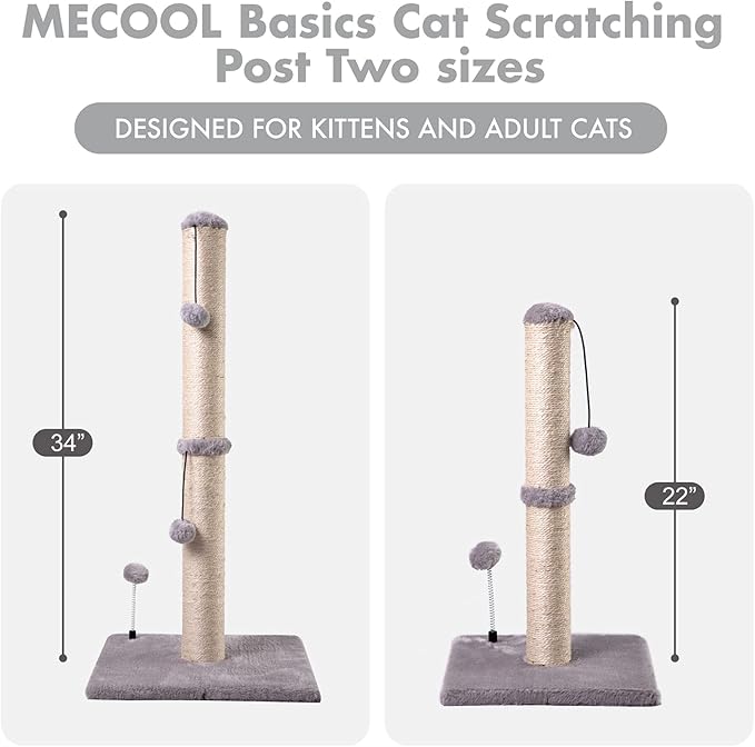 MECOOL 34“ Tall Cat Scratching Post Premium Basics Kitten Scratcher Sisal Scratch Posts Trees with Hanging Ball for Indoor Cats, Gray