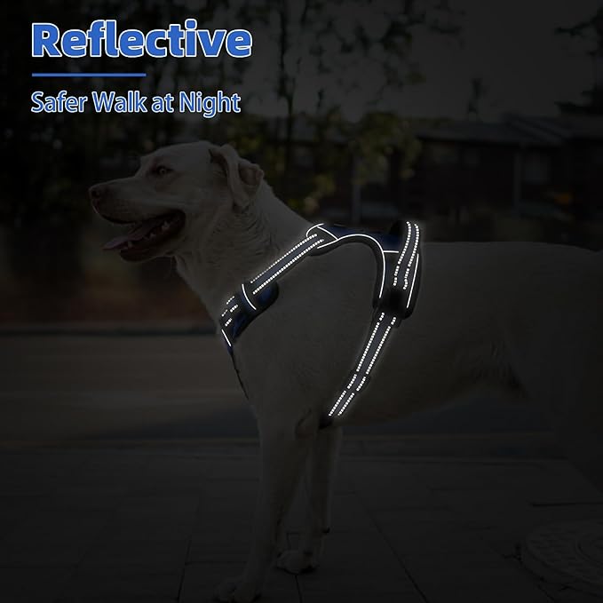 PUPTECK No Pull Dog Harness for Large, Adjustable Reflective Dog Harness with Handle Easy Control, Comfortable Soft Padded Pet Vest Harness for Large Dogs, Blue L