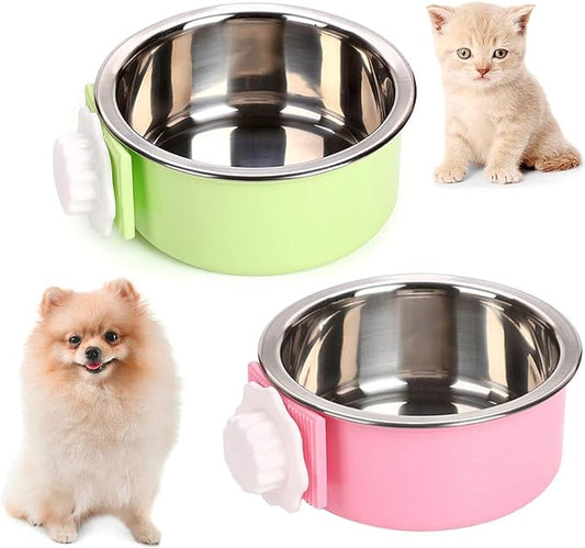 kathson Crate Dog Bowl, Removable Stainless Steel Hanging Pet Cage Bowl Food & Water Feeder Coop Cup for Cat, Puppy, Birds, Rats, Guinea Pigs 2pcs(Green,Pink)