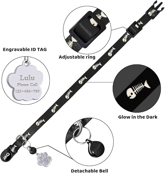 Personalized Breakaway Cat Collars Glow-in-The-Dark with ID Tag, Bell - Safety Quick - Release, Customizable for Female Male Kittens & Cats (Black)