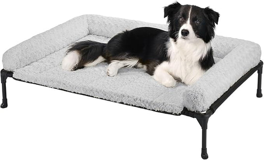 Veehoo Cooling Elevated Dog Bed Add Removable Deluxe Rose Plush Bolster Cushion Mat, 41" x 27" Washable Dog Couch Bed, Raised Pet Cot with Breathable Teslin Mesh, No-Slip Feet, Grey, CWC2439B