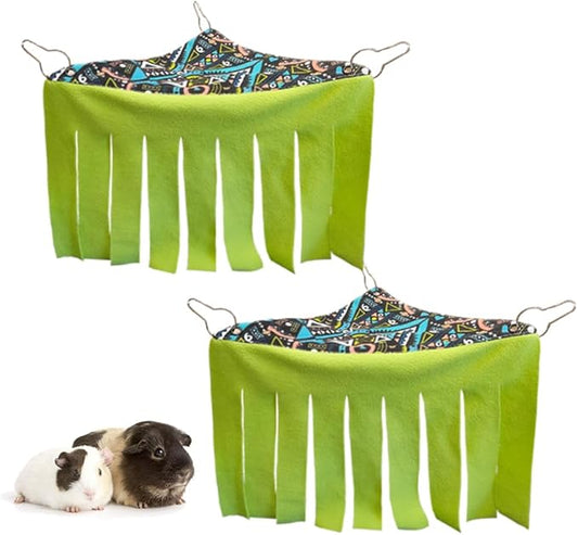 RIOUSSI Guinea Pig Hideout Hideaway Corner Fleece Toys Cage Accessories with Reversible Sides, Geo/Gray+Green, 2 Pack