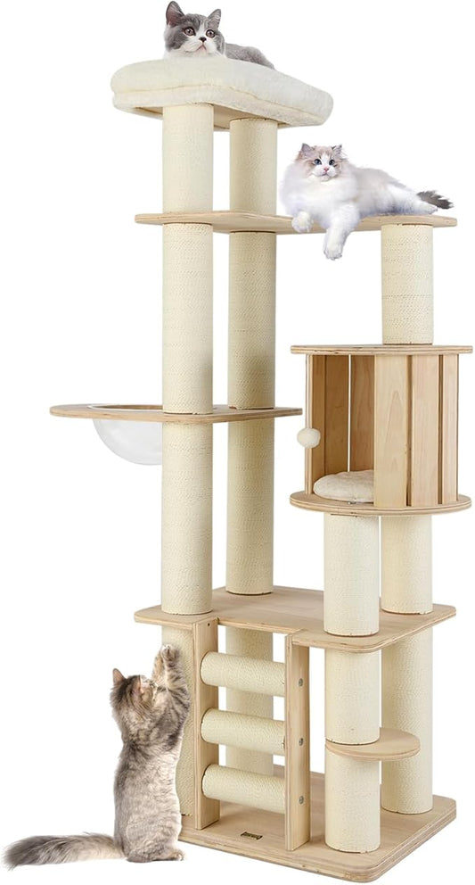 Tangkula 71” Tall Cat Tree, Multi-Layer Wood Cat Tower with Scratching Posts, Perch, Condo, Space Capsule, Ladder, Dangling Ball, Washable Cushions, Modern Cat Tree Tower for Indoor Cats Large Adult