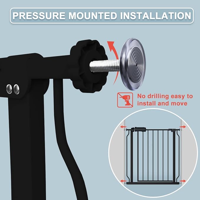 Walk Through Black Baby Gate 43.5-48 Inch Wide, Pressure Mounted Safety With Door No Drill, Tension Metal for Dog Cat and Toddler