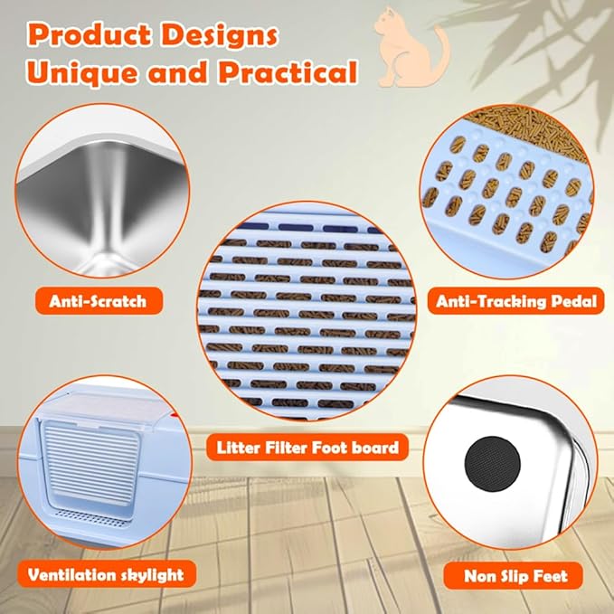 Vivifying Stainless Steel Litter Box with Lid, XL Side Entry Extra Large Litter Box for Big Cats & Kitty, Removable Enclosed Metal Cat Pan with High Sided Enclosure, Scoop, Mat, Footboard (Blue)