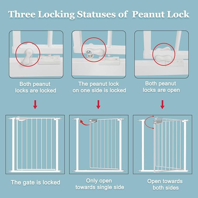 WAOWAO Triple Lock Baby Gate Extra Wide 72.04-76.77" Pressure Mounted Walk Through Swing Auto Close Safety White Metal Dog Pet Puppy for Stairs,Doorways,Kitchen