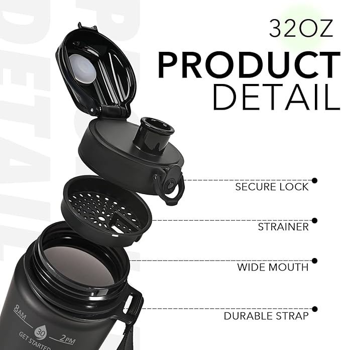 32oz Motivational Water Bottles with Time Marker & Fruit Strainer, Transparent Gradient Color Water Bottle with Times to Drink, Leakproof & BPA Free, Reusable Bottle with Strap (No Straw)