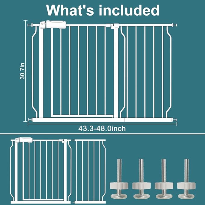 TSAYAWA Walk Through Baby Gate with Door, 43.5-48 Inch Wide Presure Mounted No Drill Metal Auto Close Child Gate for Stair Doorway - Indoor Outdoor Safty Gate for Toddler Dog Doggie, White