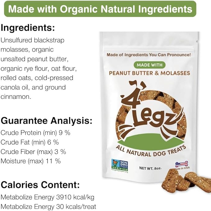 Organic Peanut Butter & Molasses Dog Treats – Healthy, Crunchy, Vegan Biscuits with Whole & Real Ingredients – All Natural & USA‐Baked, 8 Ounce (Pack of 3)