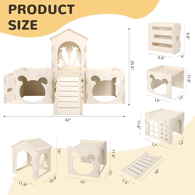 Large Rabbit Hideout Bunny Castle, Wooden Bunny House & Hay Feeder, Detachable Rabbit Hideaway, Indoor Rabbit Castle with Ramp, Small Animal Houses & Habitats