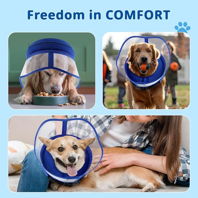 Soft Dog Cone Collar with Anti-Lick Shield, Inflatable Donut Cones Alternative after Surgery for Large/Medium/Small Dogs to Stop Licking, Elizabethan Neck Ecollars of Shame, Comfy Pillow Recovery Blue