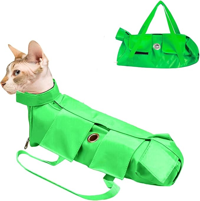 HDKUW Cat Grooming Bag,Foldable Travel Carrier for Cats,Anti-Bite Anti-Scratch Cat Grooming Restraint Bag,Pet Carrier for Administering Eye Drops,Ear Cleaner,Clipping Nails Green L
