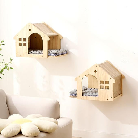 SHENGOCASE Natural Wood Cat Wall Shelves Bed, 2-Pack, Wall-Mounted Box House Perch, Cat Condo Furniture with Washable Pillow Cushions