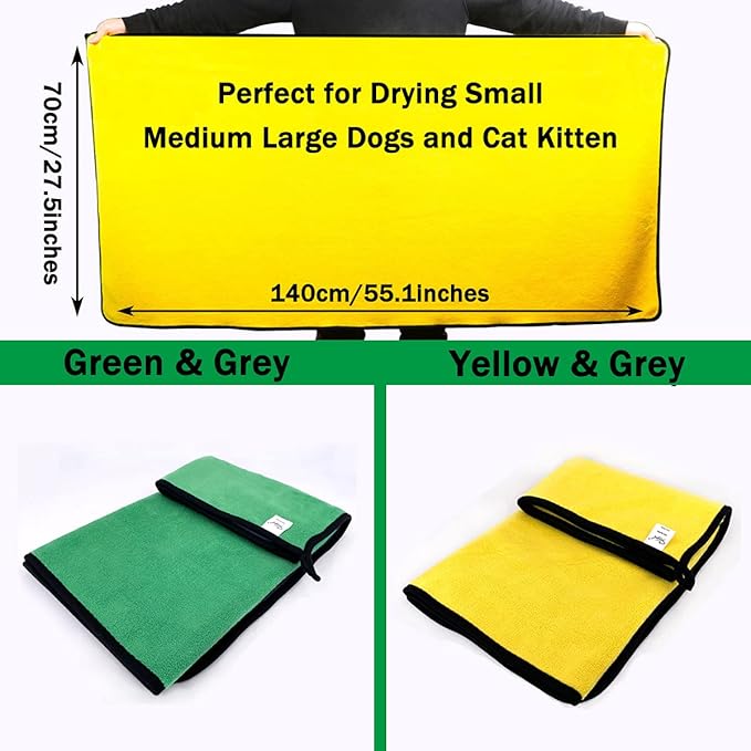 Dog Towel - 2 Pack Large Dog Bath Towel Super Absorbent Microfiber Beach Towels for Quick Drying Small Medium Large Dogs and Cats, Machine Washable,55.1x27.5 inch,Yellow Green