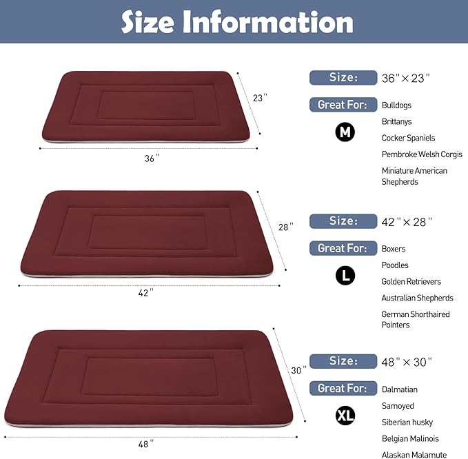 JoicyCo Dog Bed Soft Dog Crate Bed Pad Mat, 36 in Non Slip Bottom Washable Dog Beds for Medium and Large Dogs, Pet Bed Mattress Kennel Pad, Dark Red