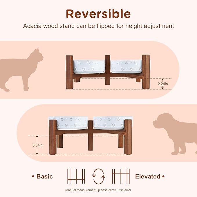 SPUNKYJUNKY Ceramic Dog Bowls Dog Bowl Set with Acacia Wood Stand Raised Dog Bowl Dog Food and Water Bowl for Small Medium Sized Dog (Shallow, 15.5cm)