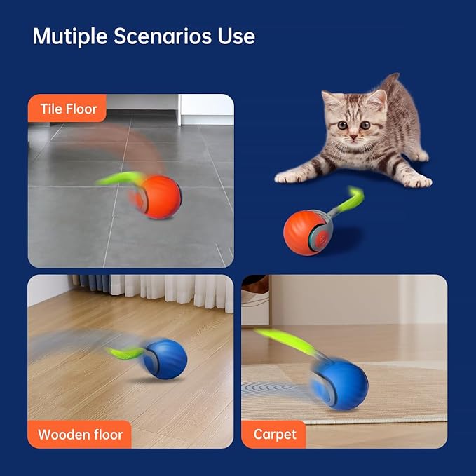 Interactive Cat Toys for Indoor Cats, Rechargeable Moving Cat Ball with Feather Tail, 2 Speeds Automatic Kitten Toys for Bored Indoor Cats,Motion Activated Rolling Ball Toys (Orange)