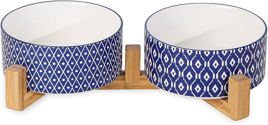 Selamica Ceramic 30 OZ Dog Bowls, Dog Food and Water Bowls with Wooden Stand, Anti-Slip Dog Dishes Set for Cats Small & Medium Sized Dogs, Weighted Pet Bowls Set of 2, Vintage Blue A