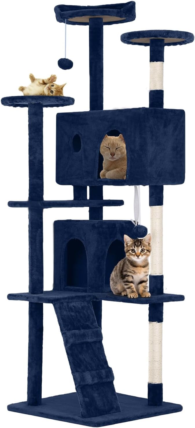 54.7 inches Cat Tower - Multi-Level Cat Condo with Scratching Posts, Hanging Toys, Navy Blue