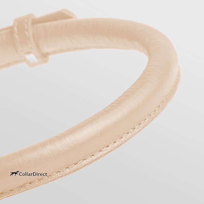 CollarDirect Rolled Leather Dog Collar, Soft Padded Round Puppy Collar, Handmade Genuine Leather Collar Dog Small Large Cat Collars 13 Colors (11-14 Inch, Beige Textured)