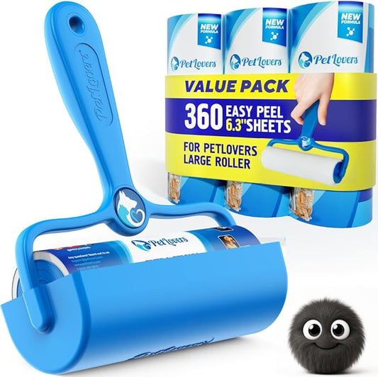 PetLovers 6.3" Large Lint Roller for Pet Hair Extra Sticky 360 Sheets, Ideal for Pet Hair Removal from Furniture & Clothes, Dog and Cat Lint Remover 4 Pack