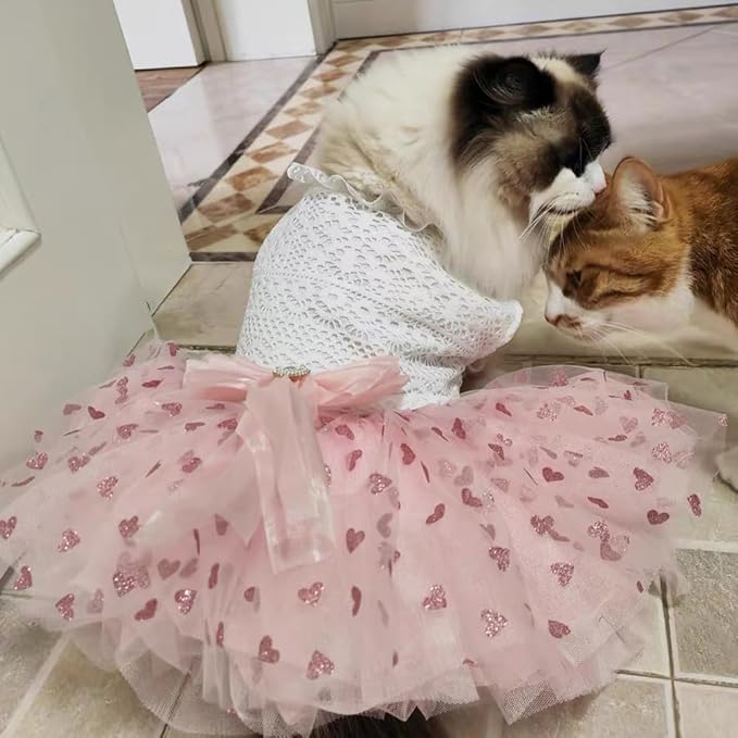 Pink Dog Dress for Small Dog Girl Spring Puppy Clothes with Bow Puff Sleeves Cat Outfit Doggy Princess with Leash Ring Doggies Harness Dress Summer Pet Apparel (Pink White, Medium)