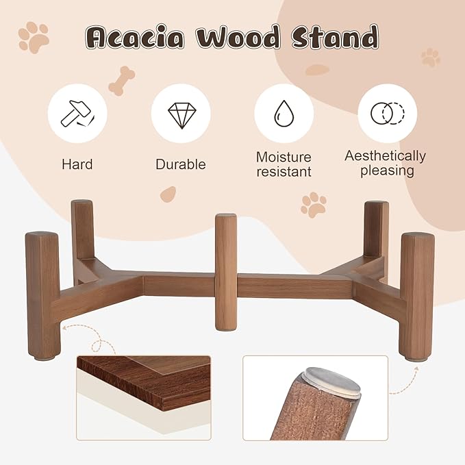 SPUNKYJUNKY Ceramic Elevated Dog Bowl Set with Acacia Wood Stand for Food and Water for Cats and Small Dogs (13.52 OZ, White, Dog Paw Pattern)