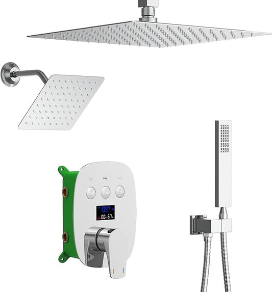 Digital Display Chrome Shower System with 12 inch Ceiling Mounted Shower Head and 8 inch Wall Mounted Shower Head, with Handheld Shower
