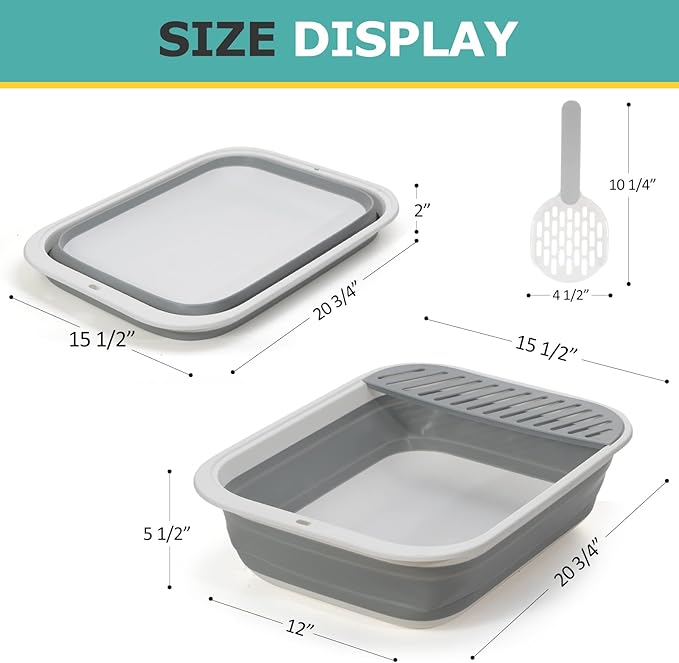 Open Top Cat Litter Box, Large Foldable Kitty Potty with Height-Adjustable Sides and Anti-Splash Design, Easy Clean with Cat Litter Scoop (Gray)