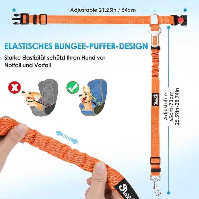 SlowTon Dog Seat Belt for Car, 2 Pack Dog Car Harness Seatbelt Adjustable with Elastic Bungee Buffer, 2 in 1 Pet Car Leash Headrest Restraint Dog Reflective Safety Tether (Orange, Headrest+Clip)