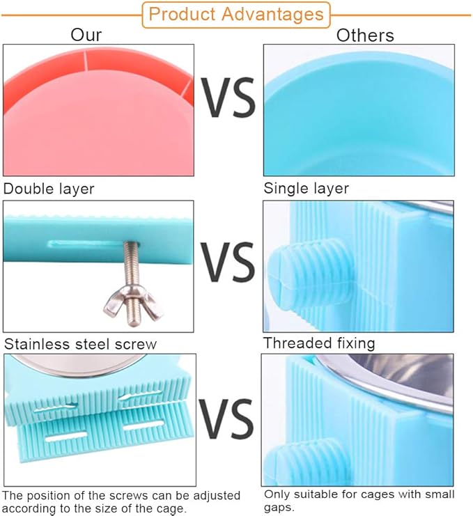 kathson Crate Dog Bowl, Removable Stainless Steel Hanging Pet Cage Bowl Food & Water Feeder Coop Cup for Cat, Puppy, Birds, Rats, Guinea Pigs (2pcs(Pink,Blue))