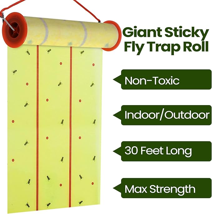 Qualirey 295 ft Giant Sticky Fly Traps, 30 Feet Fly Strips for Indoor Outdoor Hanging Flying Tapes Non Toxic Ribbon Fruit Gnat Killer for Mosquito Plants House Horse Stable (Fluorescent Green)