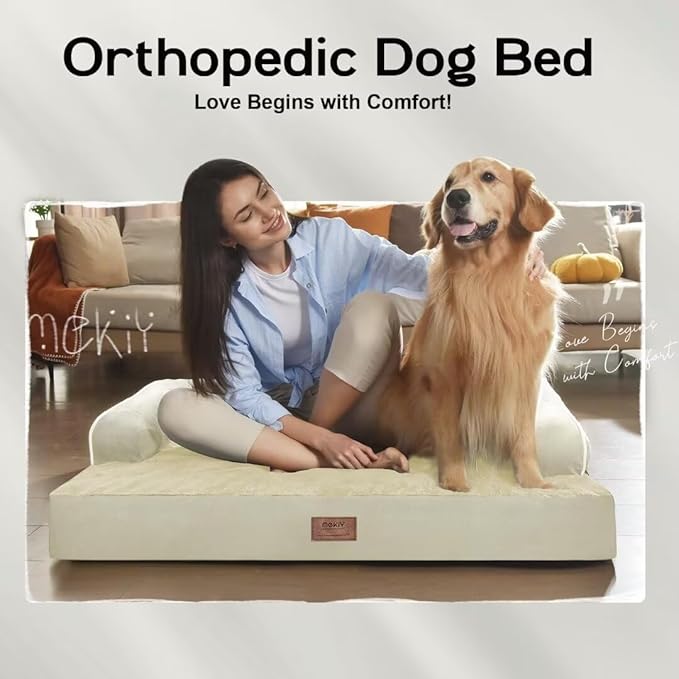 Large Dog Bed Orthopedic Washable - Beds Bolster Pet - XXXL Large Big Dogs - Memory Foam - Couch Sofa Bed- Waterproof with Removable Cover - Beige Dog Bed