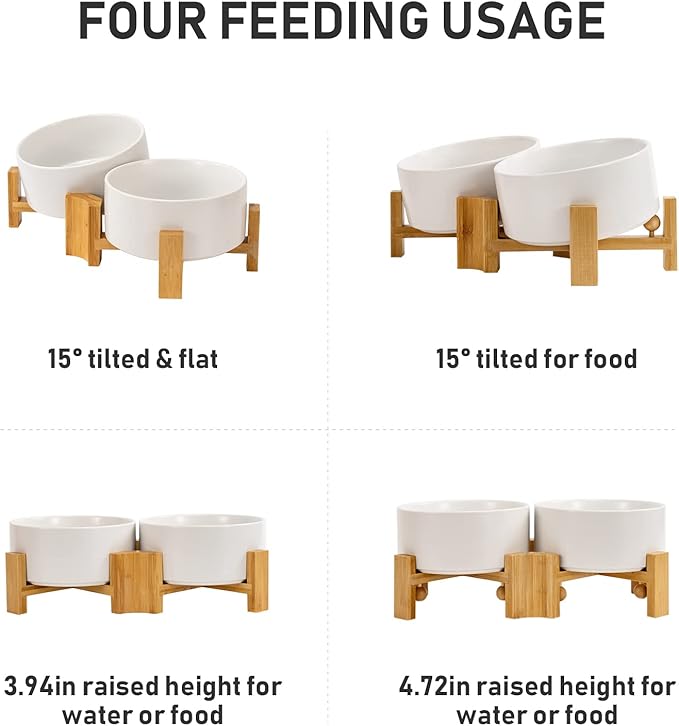 SPUNKYJUNKY 15° Slanted Ceramic Dog and Cat Bowl with Wooden Stand, Tilted Bulldog Food and Water Bowl No Slip Non-Spill for Cats Medium Dogs Big Face Pets 28.7 OZ (3.6 Cups, White × 2)