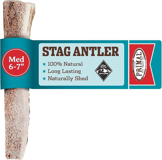 Primal Antlers for Dogs, Grade A Split Stag Antlers for Medium Canines 15-30 lb, Natural Chews for Aggressive Chewers, Naturally Shed, Long Lasting Dog Bones, 1 ct