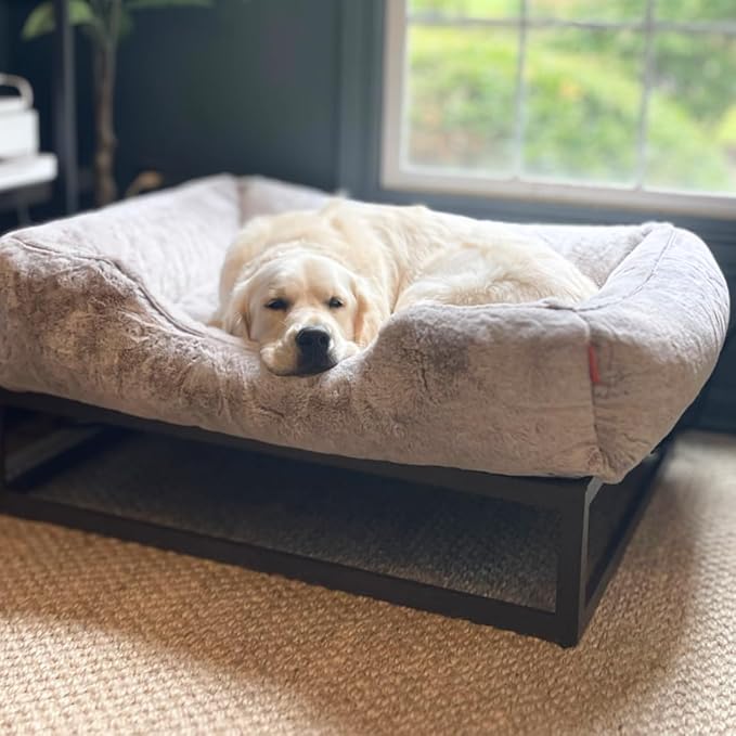 FUZI Luxury Aesthetic Dog Bed for Medium Dogs with Washable Cover, Pet Couch, Pet Bed with Sides, Non-Slip Bottom, Soft and Durable Calming Dog Bed, Faux Rabbit Fur, Medium 31.75x23.6x9.5 Light Grey