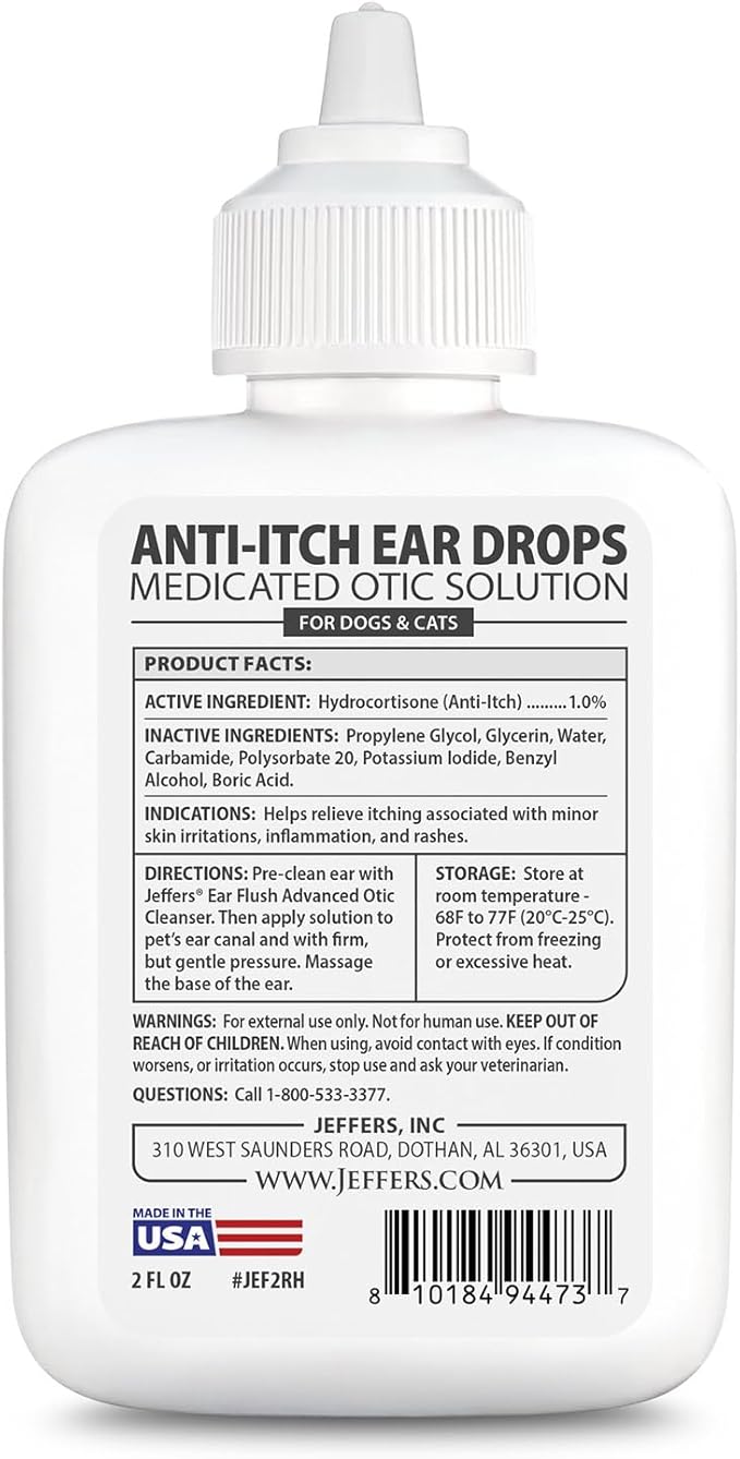 Jeffers Pet Ear Drops for Dogs & Cats – Ear Cleaner with Hydrocortisone – Dropper for Odor, Wax & Itchy Ears – Safe for Routine Use – Home Ear Care, Summer Grooming – 2 fl oz