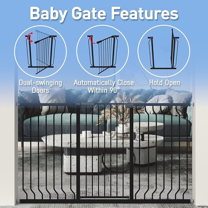 WAOWAO Extra Tall 40.55" Baby Gate 29.53"-32.68" Wide Pressure Mounted Walk Through Swing Auto Close Safety Black Metal Toddler Child Dog Pet for Indoor Stairs,Doorways,Kitchen