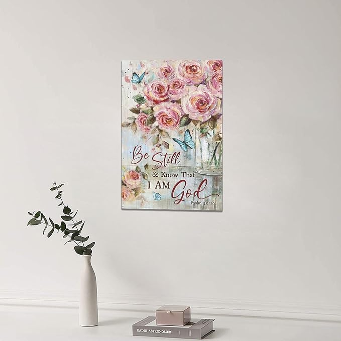 Farmhouse Rose Wall Art Christian Scripture Pictures Pink Rose Wall Decor Rustic Floral Butterfly Canvas Print Painting Artwork for Bathroom Living Room Bedroom 16"x24"