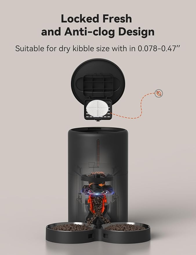 WOPET Automatic Cat Feeders 2 Cats-Timed Cat Feeder with Stainless Steel Bowl, Programmable 1-6 Meals Control, Dual Power Supply Auto Pet Feeder for Cats and Dogs