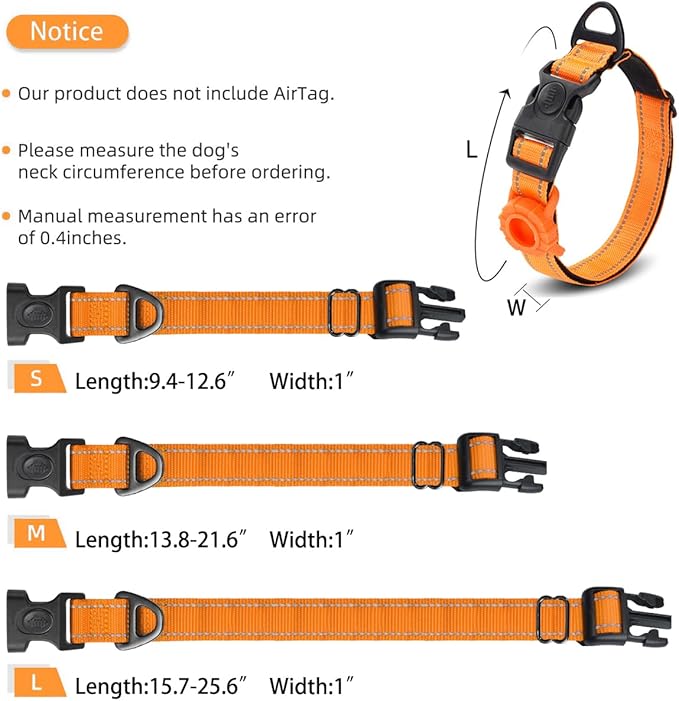 JSXD AirTag Dog Collar, Night Reflective Nylon Dog Collar for Small Medium Large Dogs,Lockable Quick Release Buckle,Padded Breathable Pet Collar with AirTag Holder (Orange, Large)
