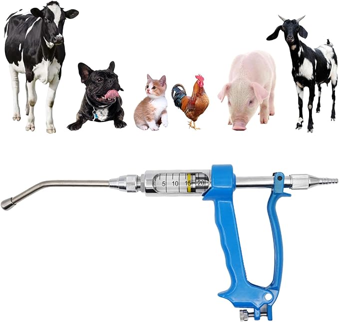 20ML Veterinary Metal Feeding Gun, Continuous Drench Gun Dosing Device Veterinary Adjustable Medicine Dispenser Husbandry Autonomous Feeding Tool, for Pig Cow, Sheep, Horse (Blue, 20ML No Bottle)